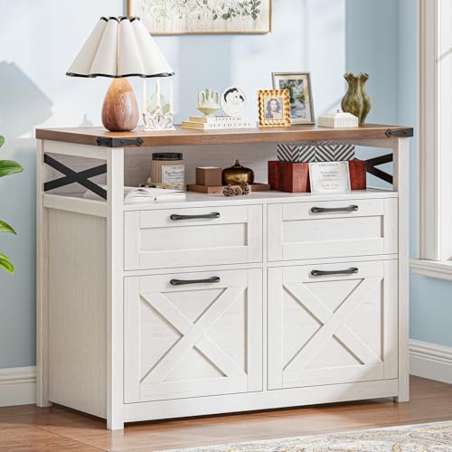 Farmhouse 4 Drawer File Cabinet with Open Storage Shelf Lateral Filing Cabinet Fits Letter/A4/ Size Home Office Filing Organizer Document Storage Printer Stand for Home and Office Uunique White