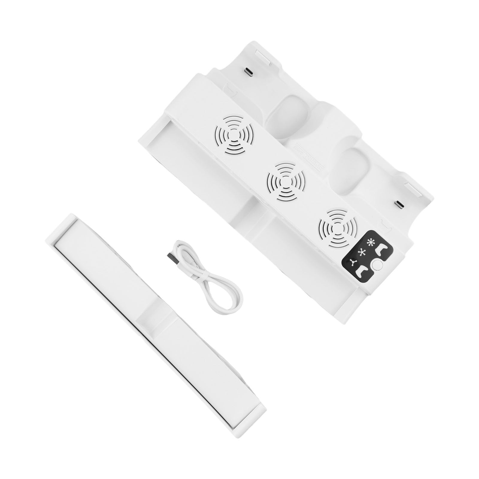 Whychstore Supporto di raffreddamento orizzontale per PS5 Pro/Slim, caricatore doppio controller con ventola a 3 livelli e indicatori LED, base console ABS bianca