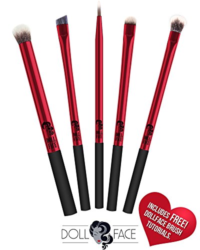 Professional Makeup Brush Set By DollFace - 5 Piece Brush Kit Includes Liner, Crease Brush, Brow Brush, Base Brush and A