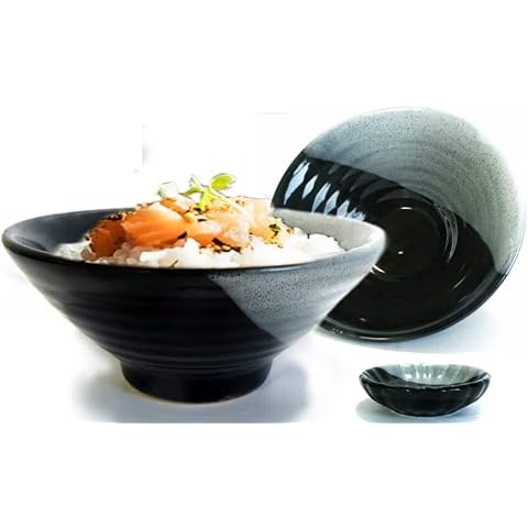 VALLENWOOD 2 Pieces Japanese Ying Yang Style. 1 Black White Ceramic Rice Bowl Set. Plus 1 Small Soy Sauce bowl Plate Included. Korean & Chinese Food Portion Control Ramen Soup Miso Capable Cover