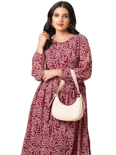 Selvia Women's Georgette Fit And Flare Knee-Length Dress (693Dtk7834N-M_Dark Pink & Beige
