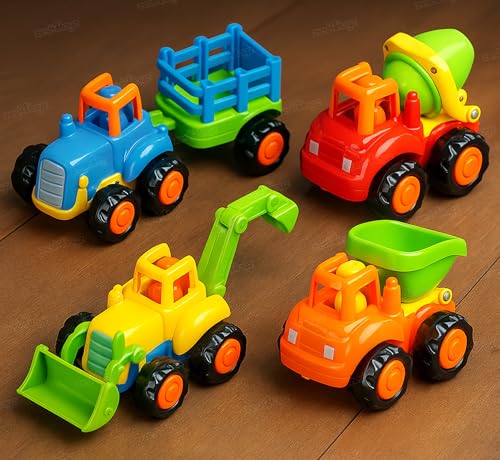 Image of Zest 4 Toyz Unbreakable Automobile Car Pack of 4 Friction Powered Cars Construction Push and Go Car Tractor Bulldozer Cement Mixer Truck Dumper for 1 2 3 Year Old Boy Girl Baby Kids
