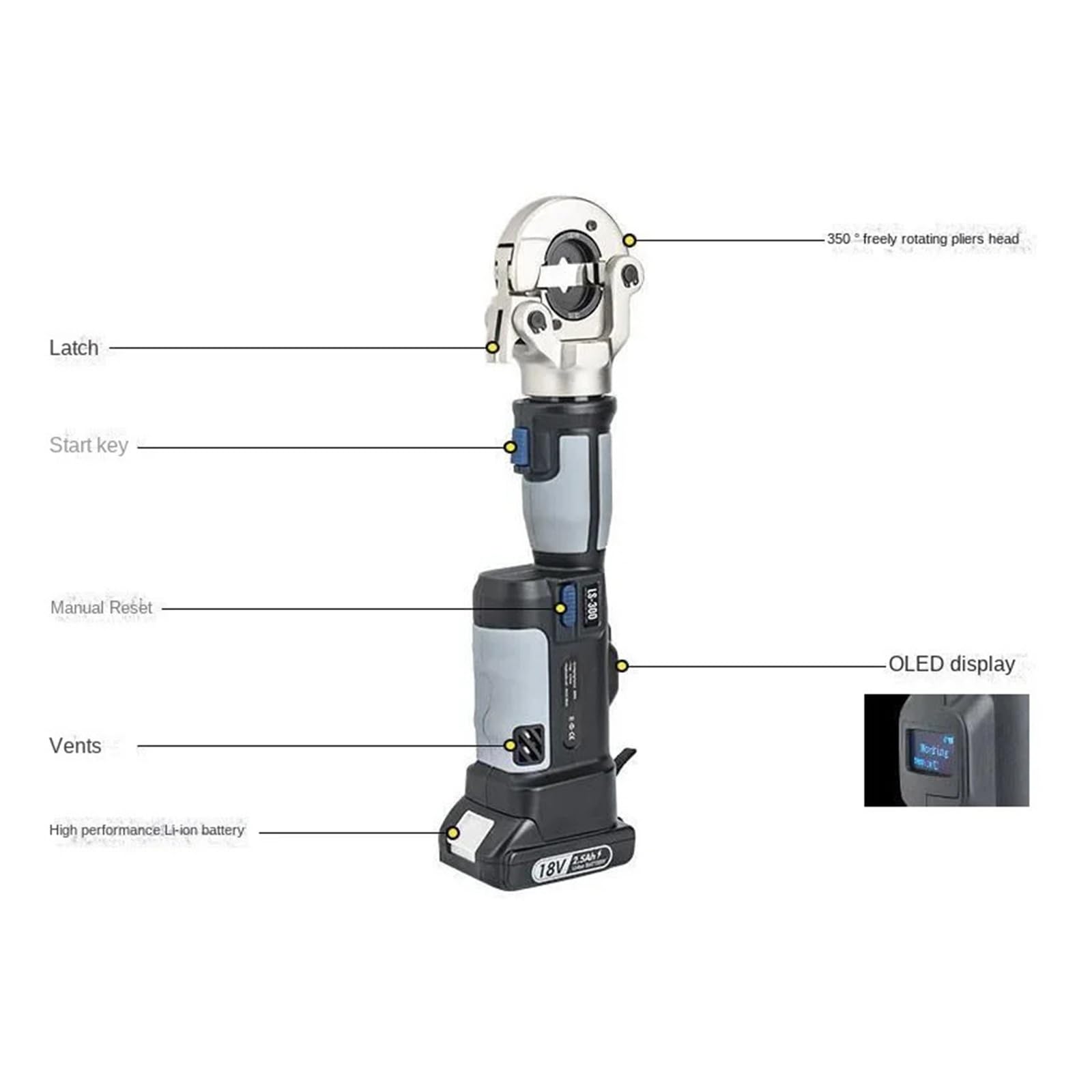 LS-300 Bezprzewodowe elektryczne hydrauliczne narzędzie do zaciskania Przenośne miedzianych aluminiowych końcówek kablowych 16-300 mm Wysoka wydajność i czułość