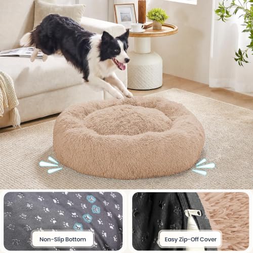 Image of JOLLYVOGUE Calming Washable Dog Bed Medium Size Dog, 31 Inch Donut Medium Dog Bed with Removable Cover, Anti-Slip Round Fluffy Faux Fur Bed, Fits up to 45 lbs Pets, Camel