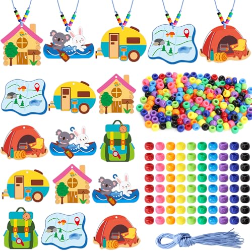 Fancy Land Camping Necklace Craft Kits 24 Pack DIY Bead Camp Travel Party Favor for Kids Summer Outdoor Activities Birthday Gifts VBS Classroom Supplies