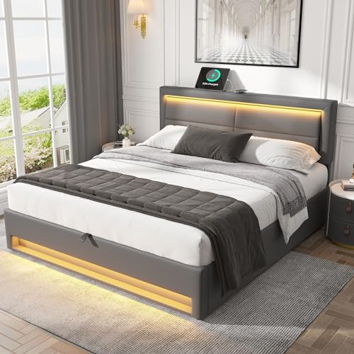 Moderna cama otomana tapizada de 1,5 m con puerto USB, iluminación LED, color gris, diseño de lichi de poliuretano, 150 x 200 cm