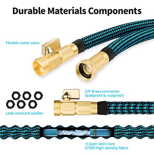 BFULL 100FT Garden Hose, Expandable Water Hose with 10-Function Spray Nozzle, Durable Strength 3750D, 4-Layer Latex, Flexible Leakproof Water Hose with Solid Brass Connector for Watering & Washing