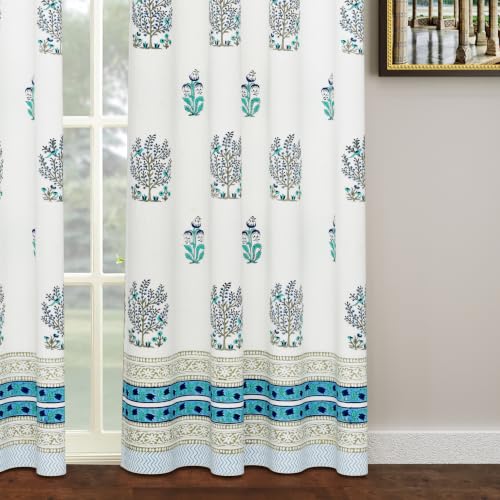 Image of BLOCKS OF INDIA Blackout Hand Block Printed Cotton Daylight Curtains with Eyelets(Set of 2 Curtains) (Block 11, 7 Feet /Door), Pink, White