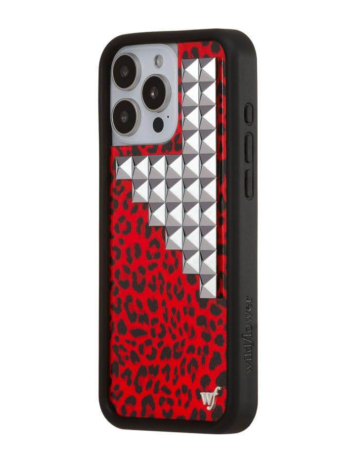 Image of Wildflower Cases - Compatible with iPhone 16 Pro Max | Protective Black Bumper, 6.5ft Drop Test Certified, Women Owned Small Business | Red Leopard Original Silver | Stud Pyramid Collection - Red Meow