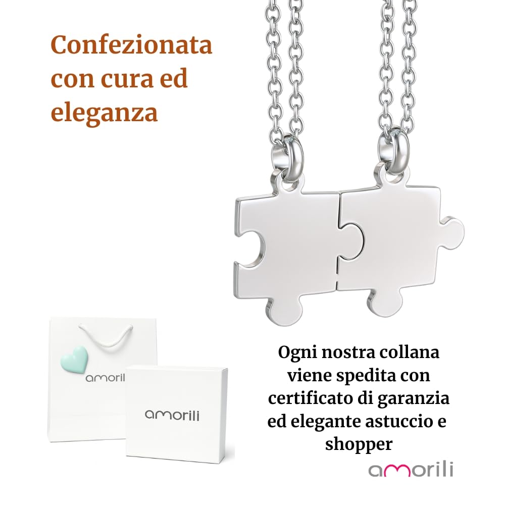 Collana Coppia Puzzle che si Divide a Metà in Acciaio Inox Lucido | Gioiello per Fidanzati e Migliori Amiche | Ciondolo Metà Cuore Amicizia Amore | Idea Regalo per Lei e Lui cll1881b