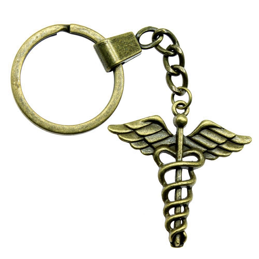 WYSIWYG 1pcs 40x40mm Caduceus Medical Symbol Charms Keyrings Antique Bronze Color Zinc Alloy Ring Size 30Mm
