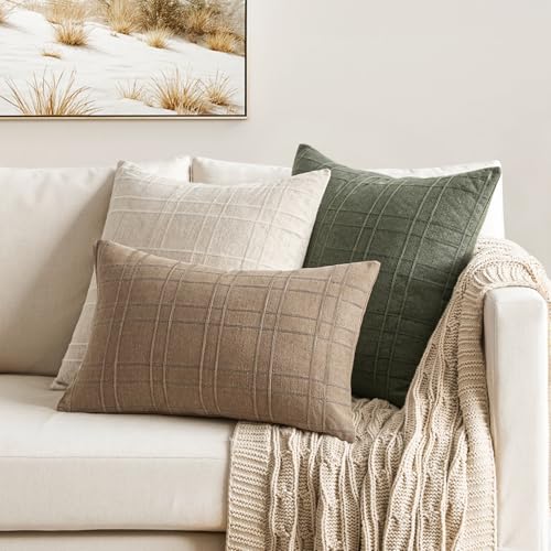 Image of MIULEE Decorative Linen Check Lumar Throw Pillow Covers Neutral Farmhouse Vintage Pillow Covers 12x20 Set of 2 Boho Modern Winter Home Decor for Sofa Couch Bedroom Cushion Light Brown