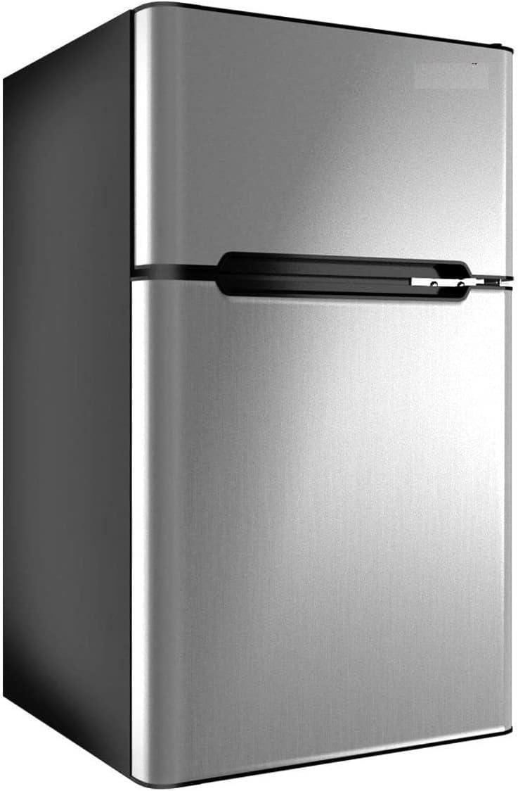 Hysache 3.2 cu ft ompact Refrigerator, Double Door Mini Fridge w/Removable Glass Shelves, Mechanical Control & Angle LED Light, Energy Saving Separate Freezer for Home, Office & Dorm (Gray)