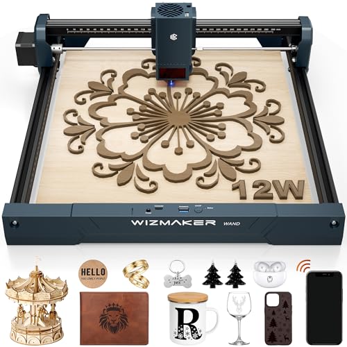 WIZMAKER Wand 12W Laser Engraver, 300×300mm High-Power Diode Laser Cutter for Wood, Leather, Paper,