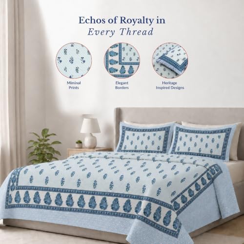 Image of Jaipur Weaves Jaipuri Double Bed Cotton Bedsheet Queen Size 90x85, 120 TC 100% Pure Cotton Bed Sheet with 2 Pillow Covers, Floral Traditional Print (Blue Motifs, Double)