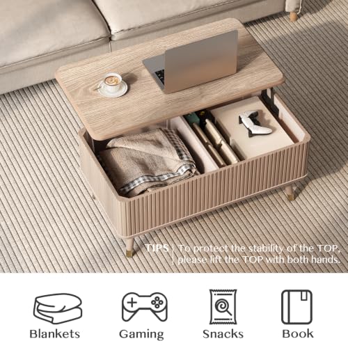 Image of JOINICE 38 inch Lift Top Coffee Table with Storage for Living Room,Oak | Large Hidden Storage,Natural Boho Style,Fluted Rectangle Center Table with Wooden Legs,Lifts to 23 inch,Holds 88lbs,Easy Assembly