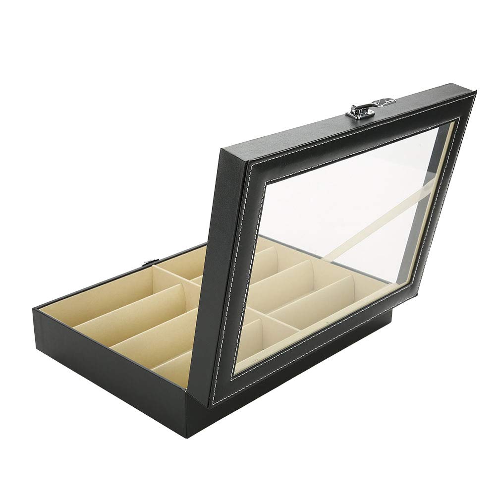Brillenetui mit 8 Fächern, Brillenetui mit transparenter Abdeckung, Brillenetui aus PU-Leder mit Metallschloss für Zuhause, Reisen, Einzelhandel
