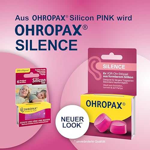 OHROPAX Silence Ohrstöpsel – pinke VOR-Ohr-Stöpsel aus formbarem Silikon – dermatologisch getestet – für alle Ohren geeignet – Schalldämmwert SNR 23 dB – zum Schlafen, Lernen und für Party – 6 Stück