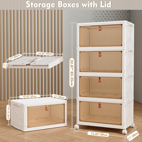 Image of Storage Boxes with Lid, Plastic Storage Boxes with 1 Lid 23L /Tier, 4-Tier Stackable Storage Boxes with Wheels, Folding Storage Bins, Storage Organizer for Bedroom Living Room Study Office