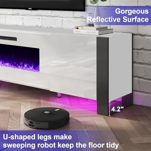 LUXOAK U-Shaped Legs 70" Fireplace TV Stand, Mirrored Finish Media Console with 36" Electric Fireplace, Modern LED Lights Storage Entertainment Center for TVs Up to 80", All White