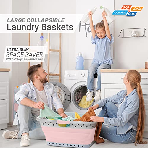 Image of Pop & Load Collapse & Store 1 Large 25 inch Slim Collapsible Plastic Laundry Basket, Space Saving Portable Pop Up Storage & Organization Basket, 3 inch High When Folded, 3 Comfort Grip Handles, Blush Pink