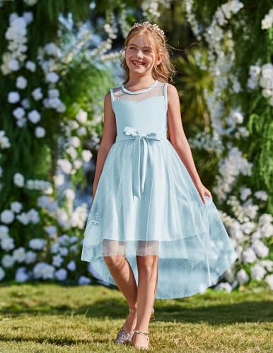Image of Arshiner Girls Dresses Formal Party Wedding Tulle Sleeveless Contrast Mesh High Low Dress with Belt