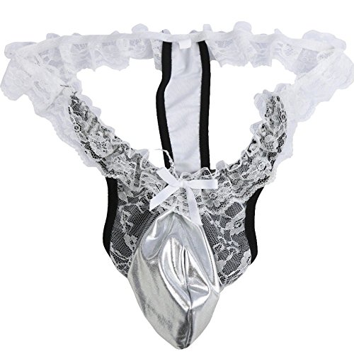 Feeshow Mens Lace Sissy Pouch Panties Crossdress Bikini Breifs Thongs G String (L, White) #TOP2