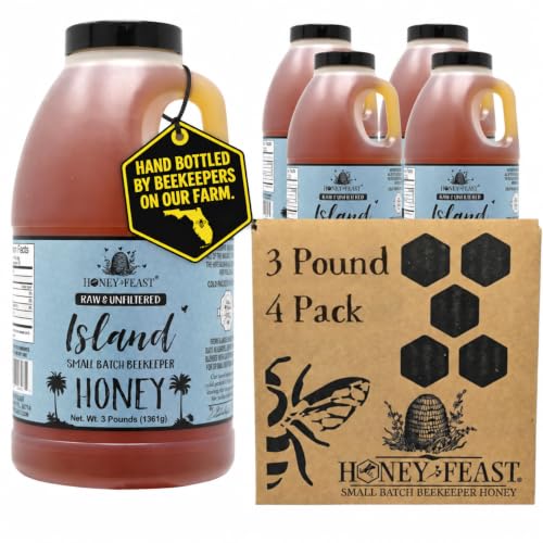 HONEY FEAST Island Honey 3 Pounds (Pack of 4), Raw &amp; Unfiltered – Small-Batch Beekeeper’s Delight