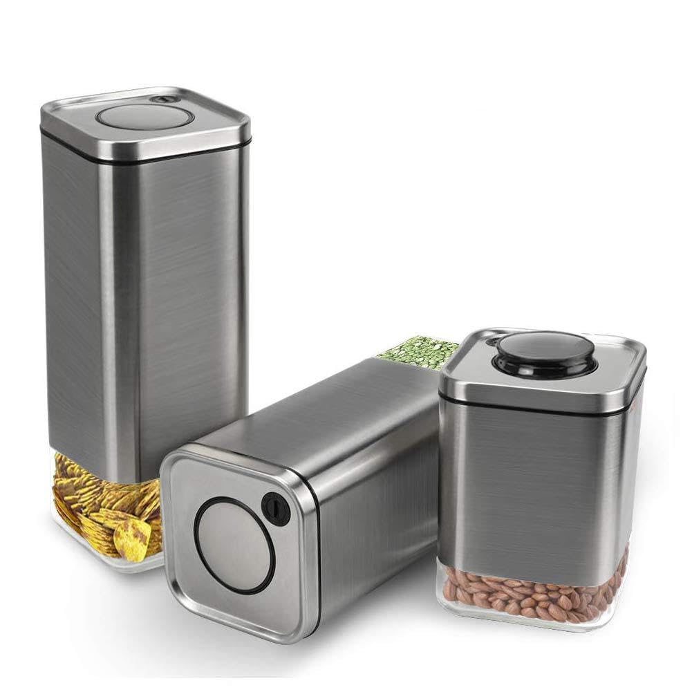 3-Piece Airtight Food Storage Containers Set, Stainless Steel and Clear Glass Airtight Container Set with Lids, BPA Free, Heavy Duty Dry Keep Food Fresh Storage Container, by Upra