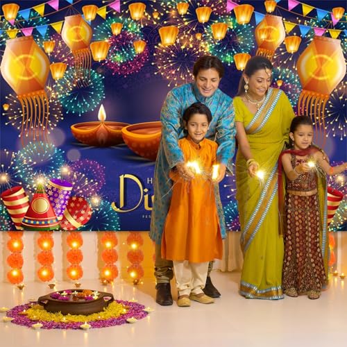 Image of 6x3.6ft Happy Diwali Backdrop Banner Decor Festival of Lights Fireworks Orange Lanterns Photography Background for Indian Traditional Diwali Pooja Festivals