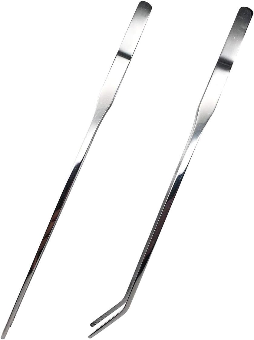 Reptile Feeding Tongs Stainless Steel Straight and Curved Tweezers Polished Long Handle Feeder Tools for Lizard Gecko Snake Spider Bird and Fish Aquariums,Silver