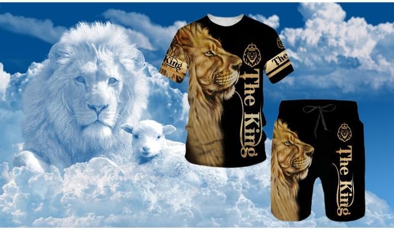 prigridche Wolf & Lion 3D Printed Casual Short Sleeve Crew Neck Suit for Men 2 Piece Shorts Tracksuit - Image 5