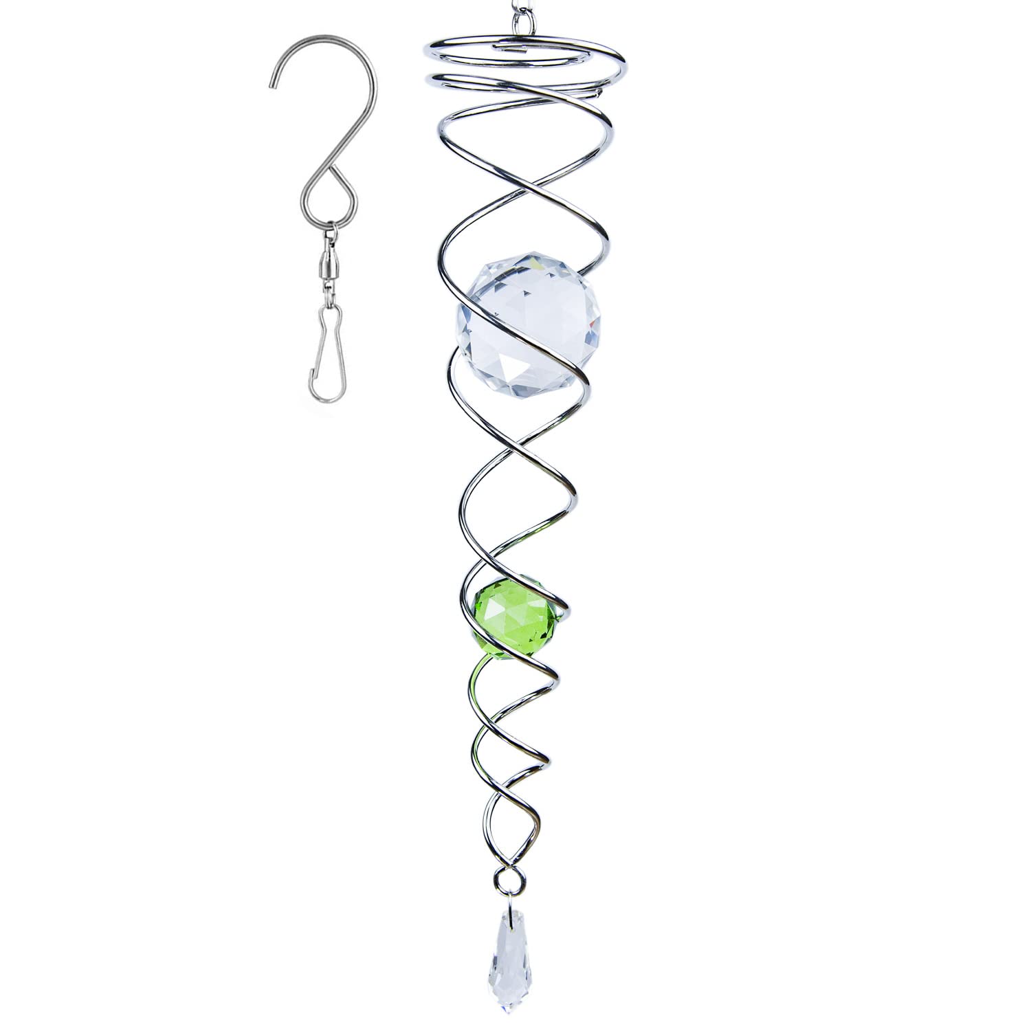 12 inch Gazing Ball Spiral Tail, Prefdo Stainless Steel Wind Spinner Stabilizer with 2 Glass Balls Prism and Hanging Swivel Hook for Outdoor Yard