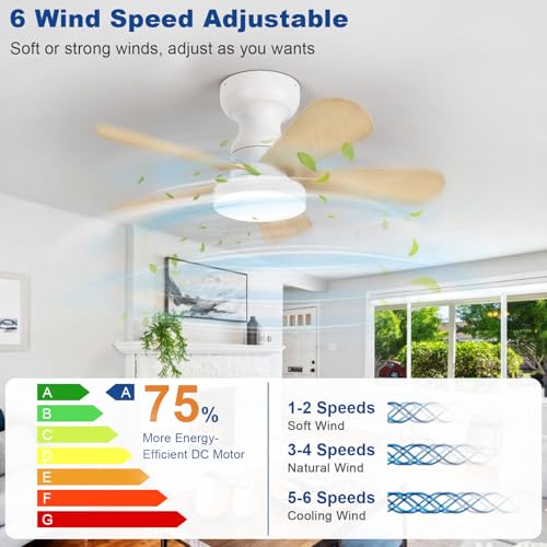 Image of Depuley Small Ceiling Fan with Lights: 28-Inch Flush Mount Fan with Light and Remote - Low Profile Ceiling Fans Reversible Quiet DC Motor for Bedroom Living Room Indoor Outdoor, Wood Color