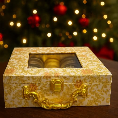 Image of Purevida Premium Decorative Wooden Gift Box with Mixed Dry Nuts - Vintage Mosaic Design, Brass Handle | Festive Dry Fruit Hamper for Christmas & New Year Gifting (Pack of 2)