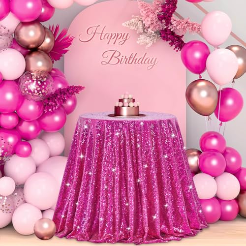 Image of B-COOL Round Sequin Tablecloth Party Decorations: 120 Inch Fuchsia Table Cloth Glitter Fabric Overlay for Indoor Outdoor Dining Parties Home