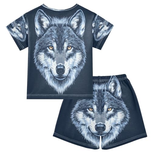 ALAZA Cute Wolf Animal Head Pajamas Set Short Sleeve Cotton Sleepwear Summer Pjs 2 Piece 5-14Y2