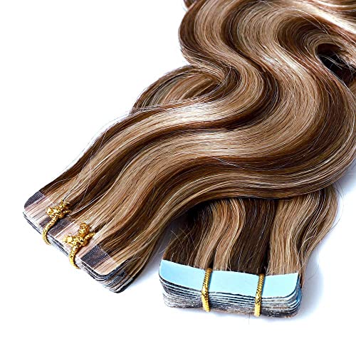 24 Inch Human Hair Extensions Down 100g Tape in Wavy Long Hair Blonde Mix Tape in Remy Hairpiece for Women Hair Stylists