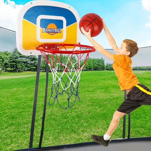 Upgraded Trampoline Basketball Hoop, Teenager Basketball Hoop for Trampoline with Pump and 2 Mini Ball, Fit for Straight Pole (Blue Yellow)