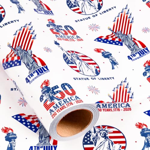 Yarcony 4th of July Wrapping Paper America 250 Years Patriotic Gift Wrap w/Red White Blue Statue of Liberty USA Flag Independence Day Gift Wrapping Paper for Holiday Memorial Day (17 In x 16.5 Ft)