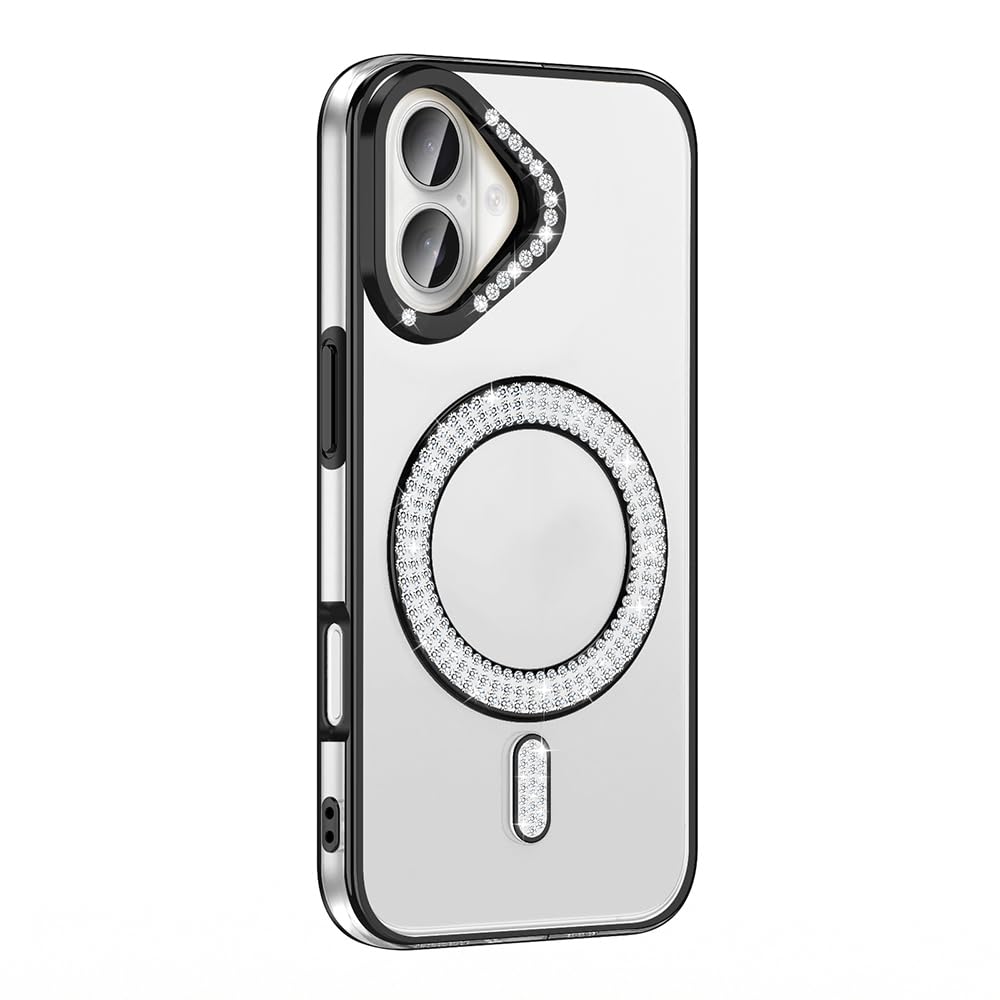 Zore Apple için uyumlu iPhone 16 Kılıf Pırlanta Taş Tasarımlı M-safe Şarj Özellikli Zore Karetta Silikon Kapak Siyah