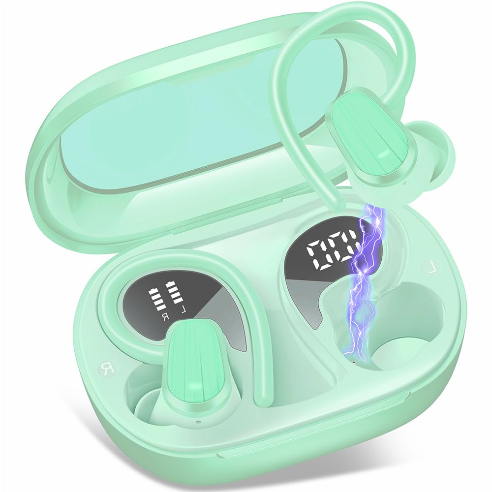 Wireless Earbuds, Bluetooth 5.4 Headphones Sport, Over Ear Buds with ENC Noise Canceling Mic, Deep Bass Stereo Ear Buds with Hook, 50H Playback, LED Display, IP7 Earphones for Workout, Light Green