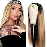 Ombre Blonde Human Hair Headband Wigs for Women Straight 1b27 Honey Blonde Dark Root Glueless None Lace Wig 130% Density Brazilian Virgin Hair Machine Made Headband Wig 1B/27 14 inch
