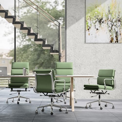 Image of Genuine Leather Office Chair, Padded Mid Back Ergonomic Executive Desk Chair with Aluminum Arm Rest and Base, Swivel Wheels with Lumbar Support & Tilting Function, Hight Adjustable, Light Green