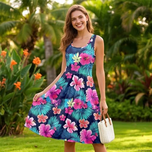 Image of TOADDITDO Women's Sleeveless O Neck Beach A-Line Party Coctail Tank Dresses Flared Sundress