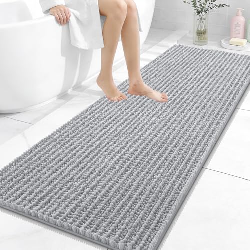 Image of OLANLY Long Bathroom Rugs Runner 59x24, Thick Soft and Absorbent Chenille Bath Mat, Non-Slip, Machine Washable Quick Dry Bath Rugs for Tub Shower Floor, Home Decor Accessories, Light Grey