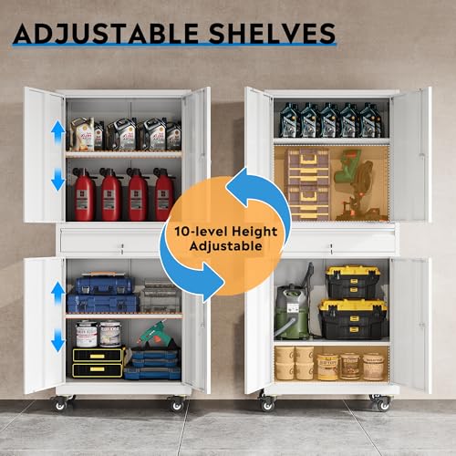 DEVAISE Metal Storage Cabinet with Wheels, White Garage Storage Cabinet, 71" Rolling Tool Cabinet with Lock and Adjustable Shelves, 4 Door Tool Cabinet for Basement, Pantry, Warehouse and Office - Image 5