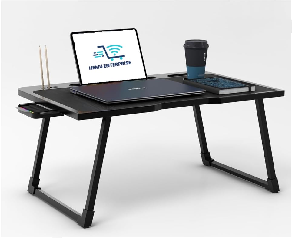 Image of Smart Multipurpose Foldable Laptop Table with Cup Holder, Study Table, Bed Table, Breakfast Table, Foldable and Portable /Ergonomic & Rounded Edges /Non-Slip Legs (B Black)