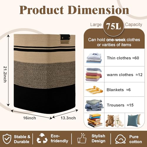 Image of Laundry Hamper, 75L Tall Laundry Basket with Leather Handles, Rectangle Large Clothes Hamper for Organizing, Cotton Woven Laundry Baskets Storage Hampers for Bedroom, Nursery, Living Room