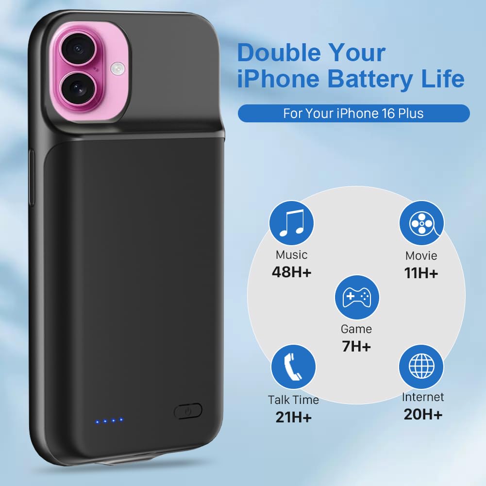 LCLEBM Custodia per iPhone 16 Plus, 7000 mAh, aggiornamento ad alta capacità, batteria ricaricabile estesa, cover protettiva portatile intelligente di backup per iPhone 16 Plus (1 confezione)